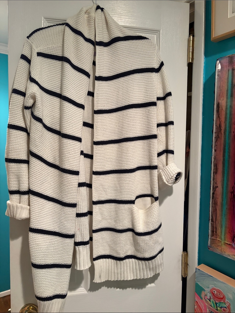 Athleta Cream and Navy Striped Open-Front Cardigan
